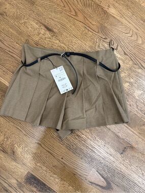 Zara Brown Plaid Pleated Mini Skort with Black Belt